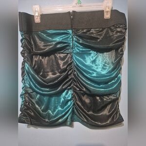 bebe Teal and Black Ruched Satin Mini Skirt